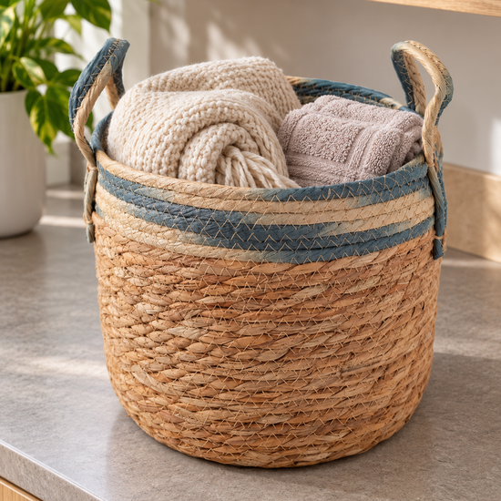 Small natural woven straw storage basket featuring a dyed blue top rim and matching woven handles