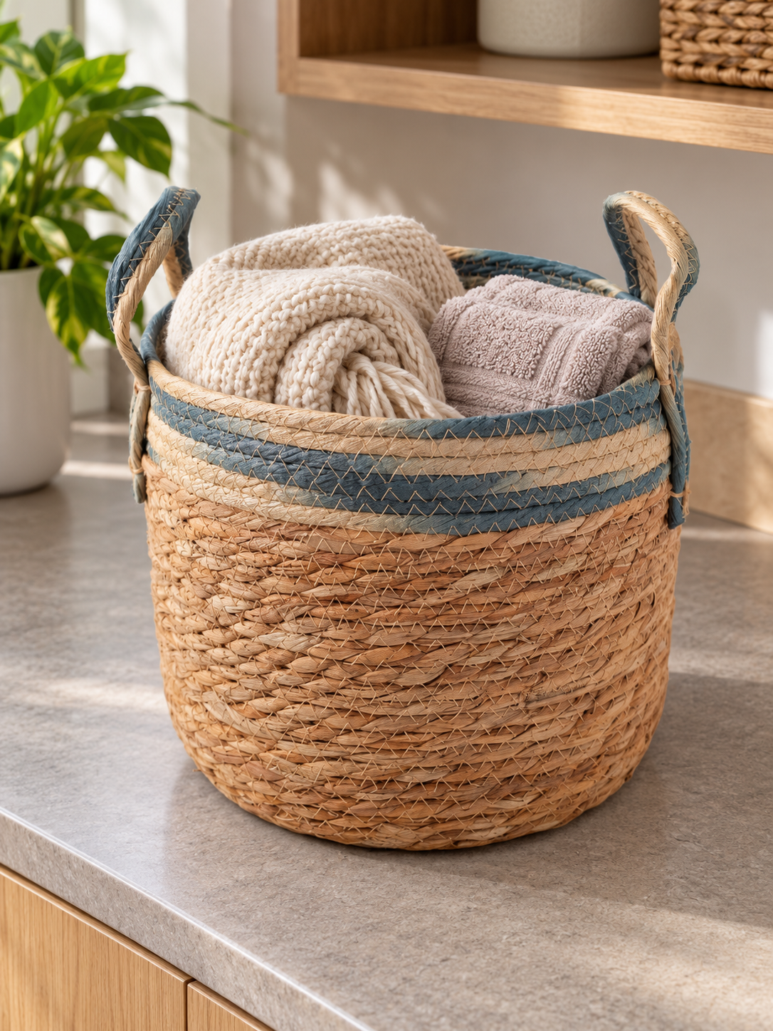Small natural woven straw storage basket featuring a dyed blue top rim and matching woven handles