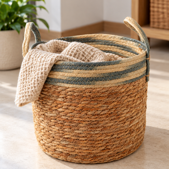Medium natural woven straw storage basket with blue rim collar and sturdy braided handles