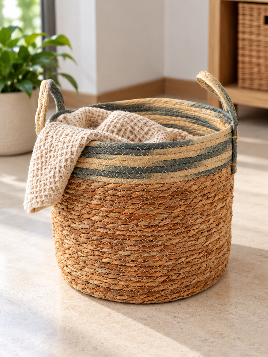 Medium natural woven straw storage basket with blue rim collar and sturdy braided handles
