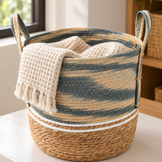 Large blue and beige two-tone handwoven seagrass storage basket with braided carrying handles