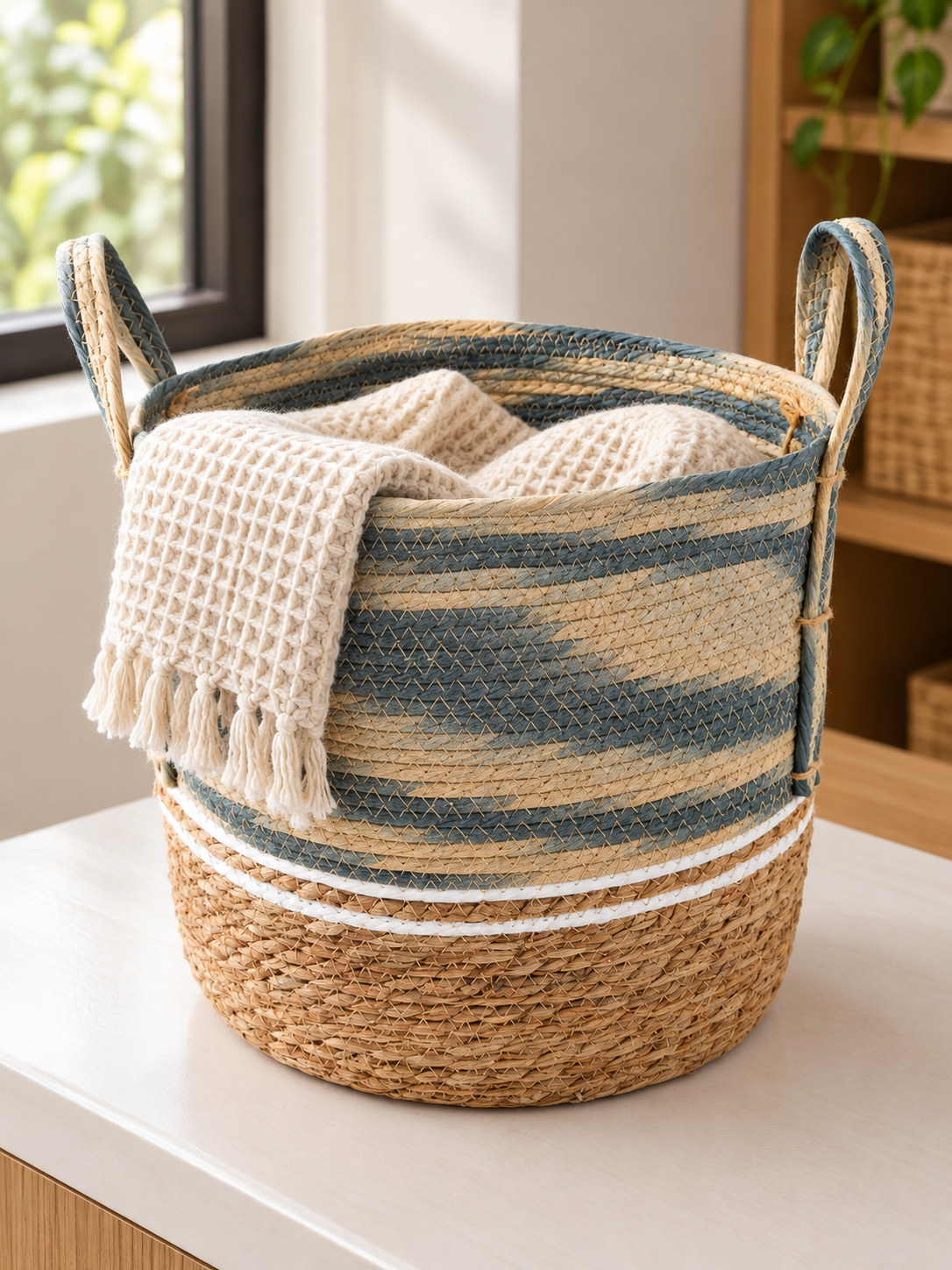 Large blue and beige two-tone handwoven seagrass storage basket with braided carrying handles