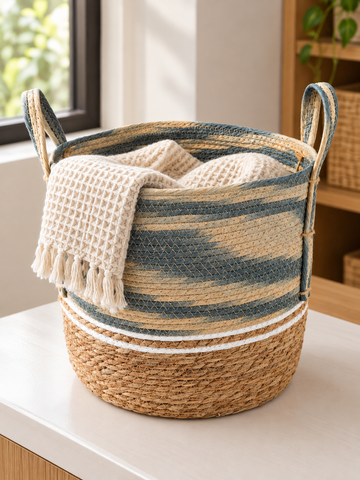 Large blue and beige two-tone handwoven seagrass storage basket with braided carrying handles