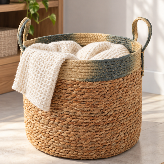 Large natural woven straw storage basket featuring a wide blue rim border and braided loop handles