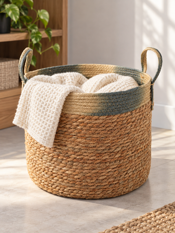 Large natural woven straw storage basket featuring a wide blue rim border and braided loop handles