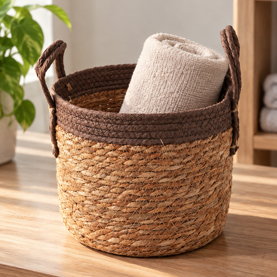 Small natural woven straw storage basket featuring a deep brown rim border and braided handles