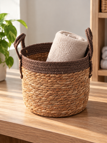 Small natural woven straw storage basket featuring a deep brown rim border and braided handles