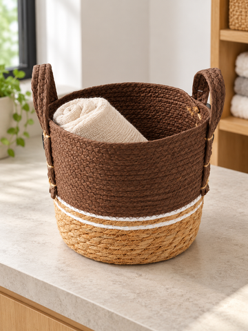 Small brown and beige two-tone woven seagrass storage basket with white accent stripe and handles