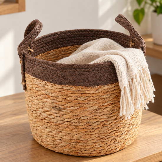 Medium natural woven straw storage basket featuring a dark brown rim collar and braided handles