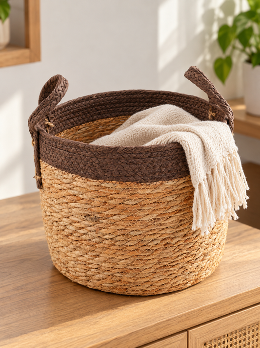 Medium natural woven straw storage basket featuring a dark brown rim collar and braided handles