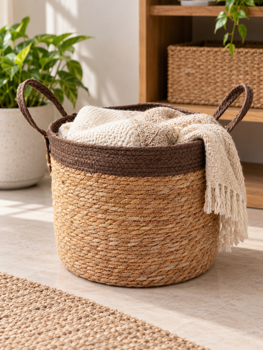 Large natural woven straw storage basket featuring a thick brown rim border and braided loop handles