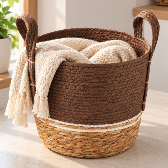 Medium brown and beige two-tone handwoven seagrass storage basket with white accent stripe and handles