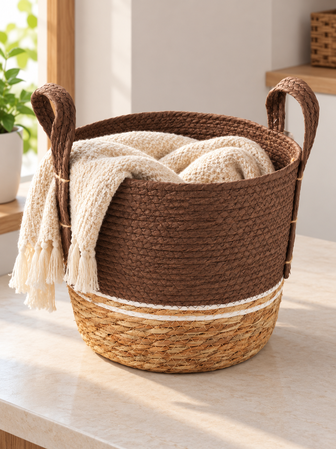 Medium brown and beige two-tone handwoven seagrass storage basket with white accent stripe and handles