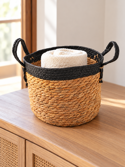 Small natural woven straw storage basket featuring a dyed black top rim and matching woven handles
