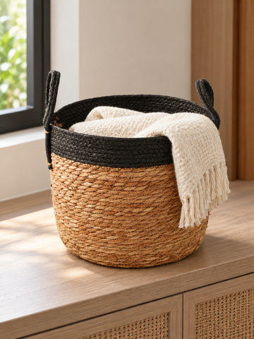 Medium natural woven straw storage basket with black braided top rim and dual carrying handles