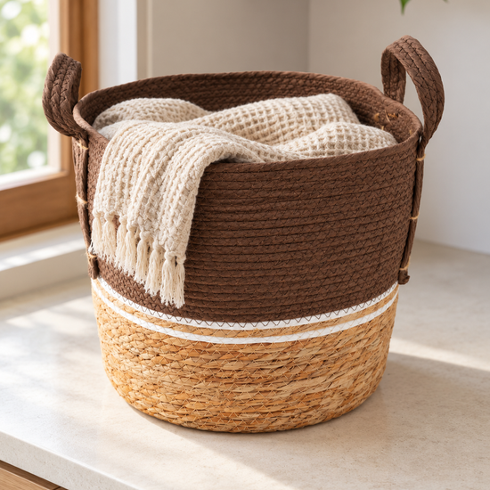 Large brown and beige two-tone handwoven seagrass storage basket with white accent stripe and handles