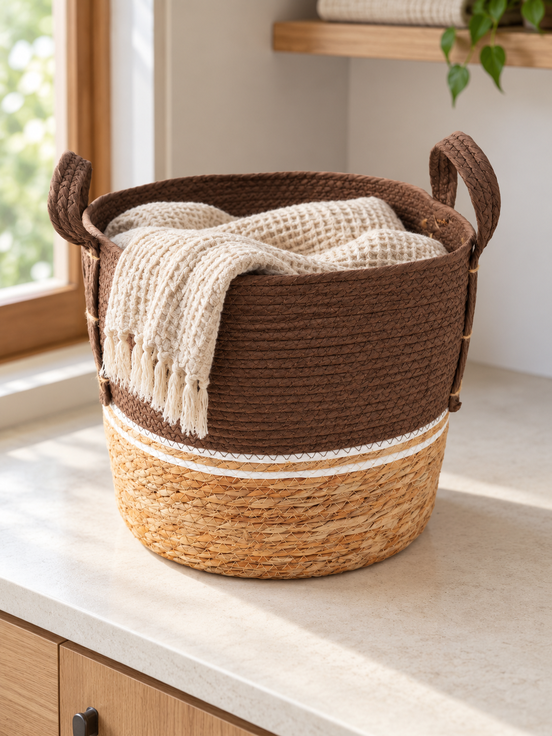 Large brown and beige two-tone handwoven seagrass storage basket with white accent stripe and handles