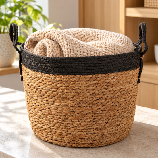 Large natural woven straw storage basket featuring a dyed black braided top rim and dual handles
