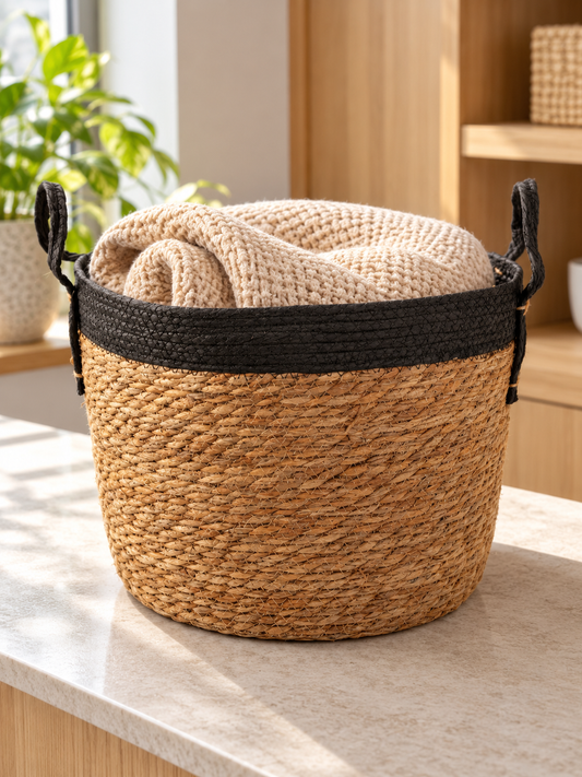 Large natural woven straw storage basket featuring a dyed black braided top rim and dual handles