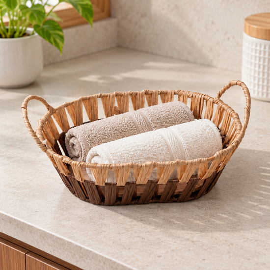 Small shallow oval woven storage basket tray with walnut brown base, natural rim, and built-in handles