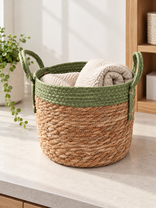Small natural woven straw storage basket featuring a sage green braided top rim and dual handles