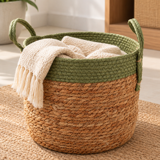 Medium natural woven straw storage basket featuring a sage green braided top rim and dual carrying handles