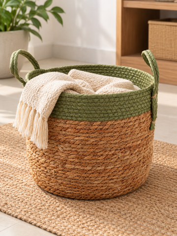 Medium natural woven straw storage basket featuring a sage green braided top rim and dual carrying handles
