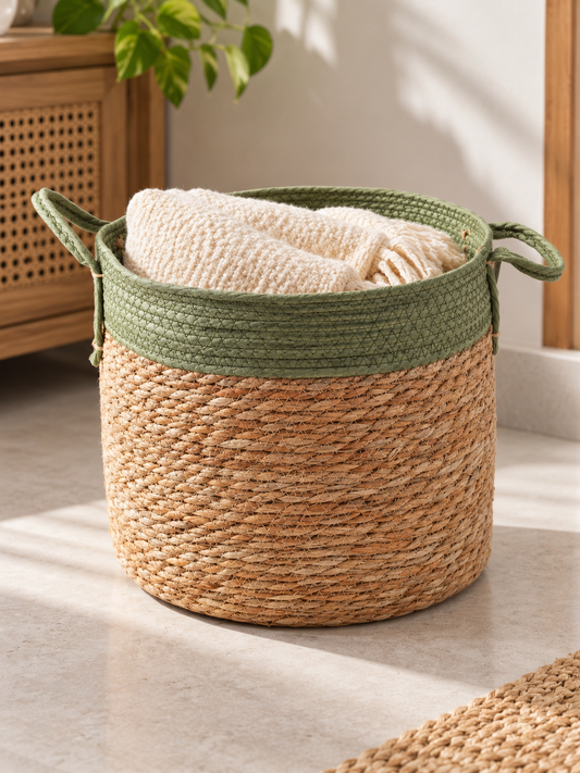 Large natural woven straw storage basket featuring a sage green braided top rim and reinforced handles