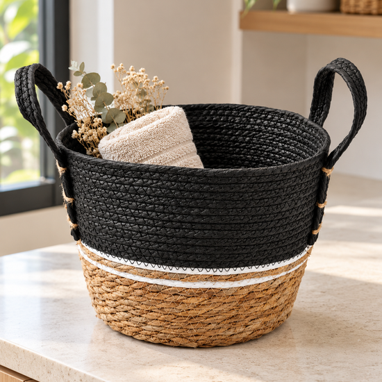 Small black and beige two-tone handwoven seagrass storage basket with white accent stripe and handles