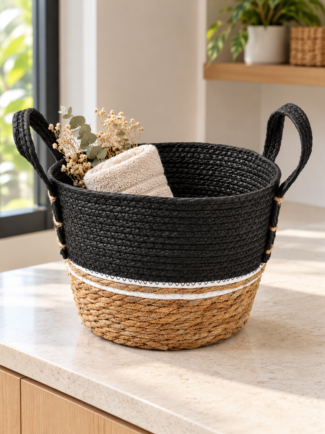Small black and beige two-tone handwoven seagrass storage basket with white accent stripe and handles