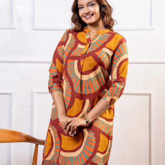 Cinnamon Isle women's rust red and mustard mosaic fan print tunic dress with 3/4 sleeves and collar