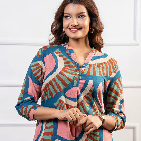 Cinnamon Isle women's teal blue mosaic fan print tunic dress with 3/4 sleeves and mandarin collar