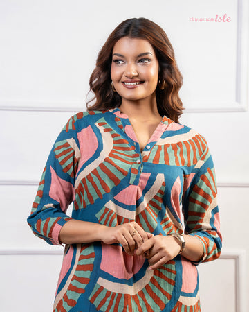Cinnamon Isle women's teal blue mosaic fan print tunic dress with 3/4 sleeves and mandarin collar