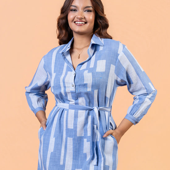 Cinnamon Isle women's sky blue domino linear print belted shirt dress with collar and long sleeves
