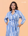 Cinnamon Isle women's sky blue domino linear print belted shirt dress with collar and long sleeves