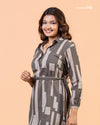 Cinnamon Isle Women's Charcoal Gray Domino Print Belted Shirt Dress mid-shot showing collar and button placket