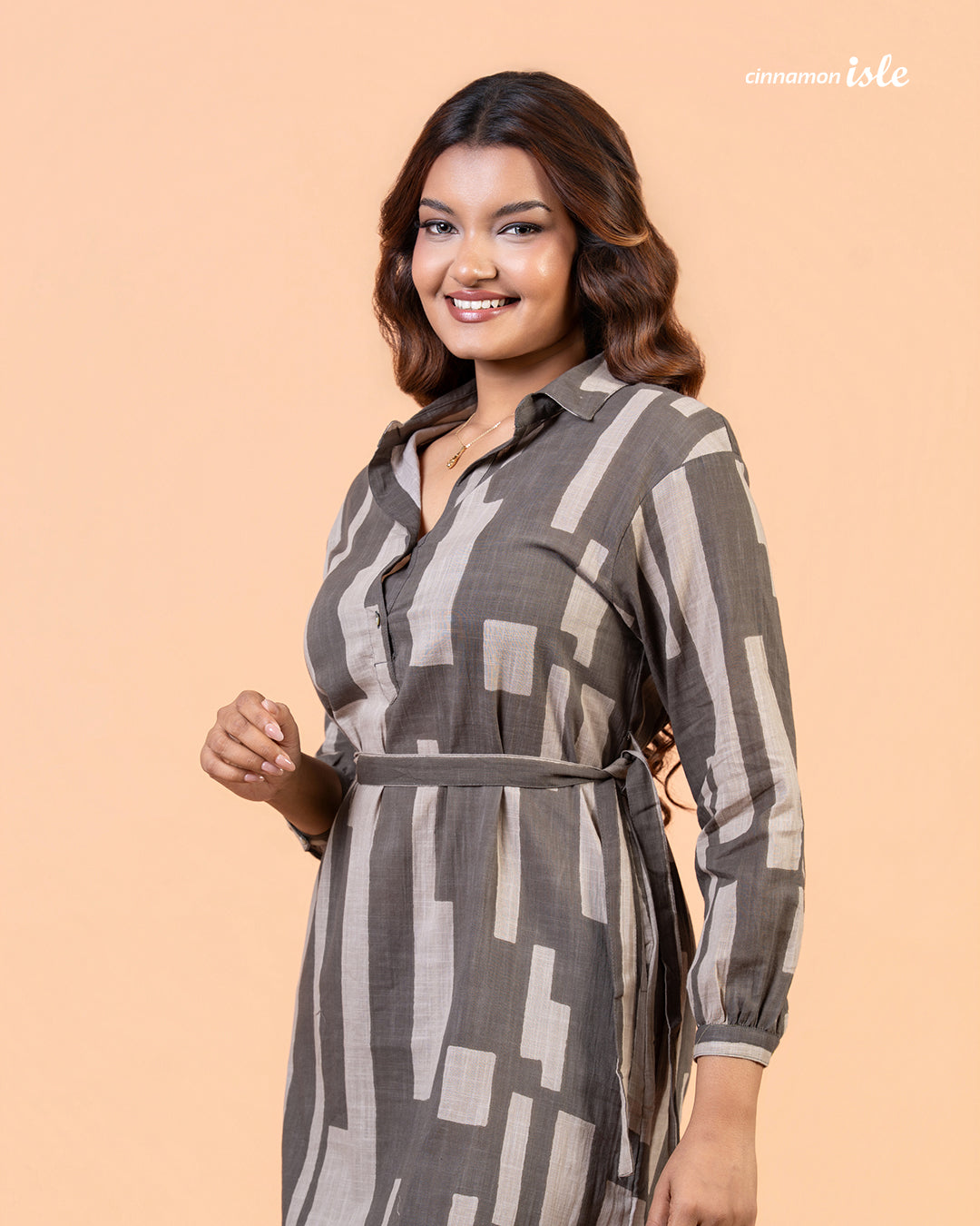 Cinnamon Isle Women's Charcoal Gray Domino Print Belted Shirt Dress mid-shot showing collar and button placket
