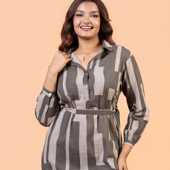 Cinnamon Isle Women's Charcoal Gray Domino Print Belted Shirt Dress smiling model view