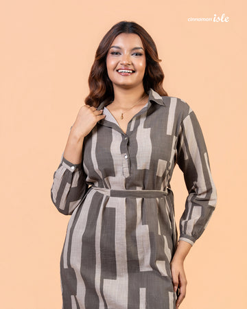 Cinnamon Isle Women's Charcoal Gray Domino Print Belted Shirt Dress smiling model view