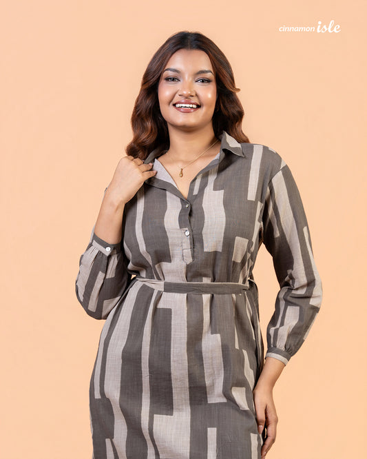 Cinnamon Isle Women's Charcoal Gray Domino Print Belted Shirt Dress smiling model view