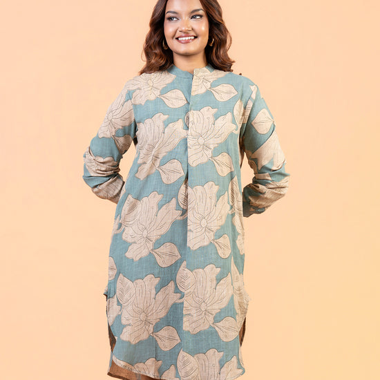 Cinnamon Isle Women's Slate Blue Leaf Print Curved Hem Tunic Dress front standing view