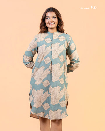 Cinnamon Isle Women's Slate Blue Leaf Print Curved Hem Tunic Dress front standing view