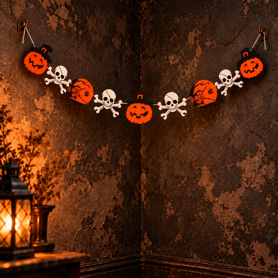 Halloween pumpkin, skull and crossbones, and spiderweb hanging paper garland banner
