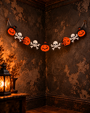 Halloween pumpkin, skull and crossbones, and spiderweb hanging paper garland banner