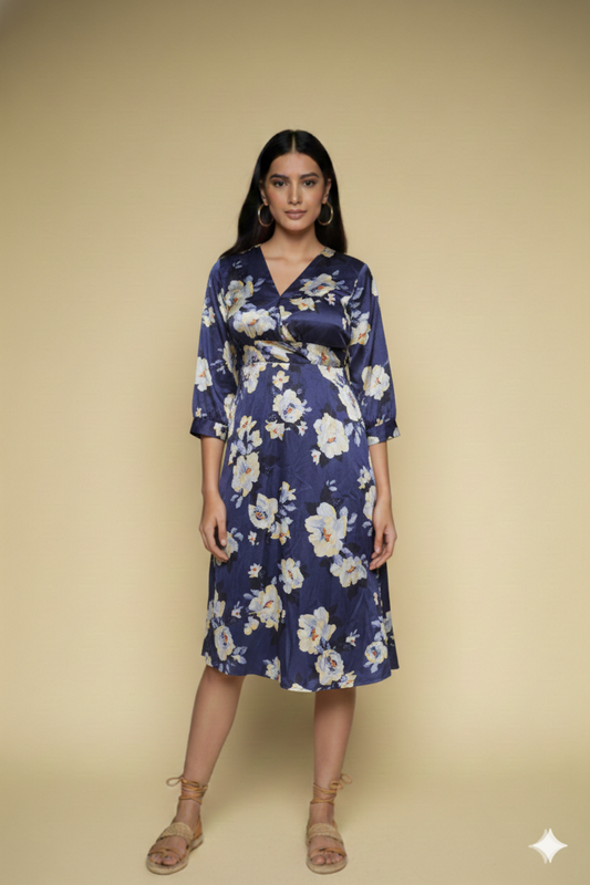 Women's Floral Print Long-sleeve Maxi Wrap Dress
