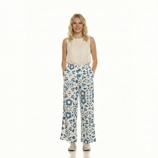 Floral High-Waisted Wide-Leg Linen Trousers