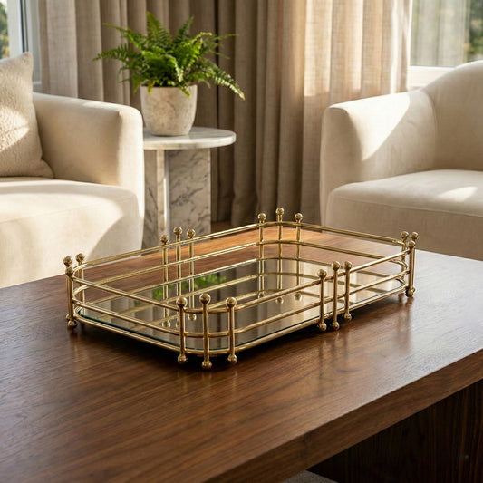 Gold Radiant Rectangle Metal Mirror Decorative Tray