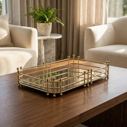 Gold Radiant Rectangle Metal Mirror Decorative Tray