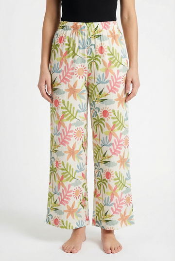 Women's Multi Floral Printed Loose Fitted Wide Leg Pant