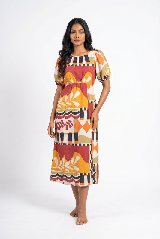 Abstract Print Puff Sleeve Midi Dress